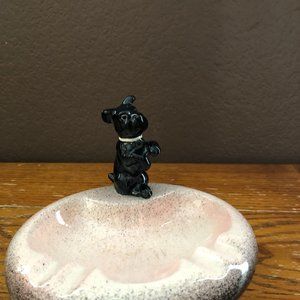 Vintage Black Terrier Dog standing on Pink Dish Trinket tray or a Catchall!
